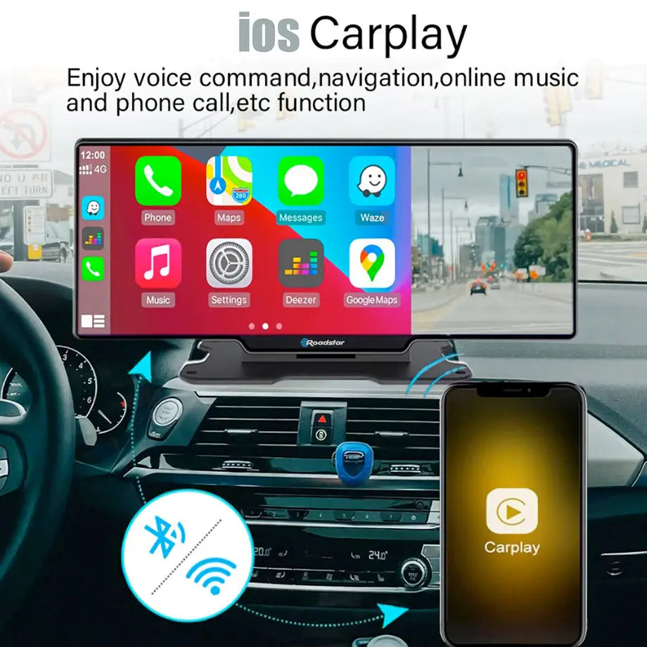 Roadstar - 10.26 Inch 2-Way DVR Camera Screen With Apple Carplay & Android Auto Roadstar