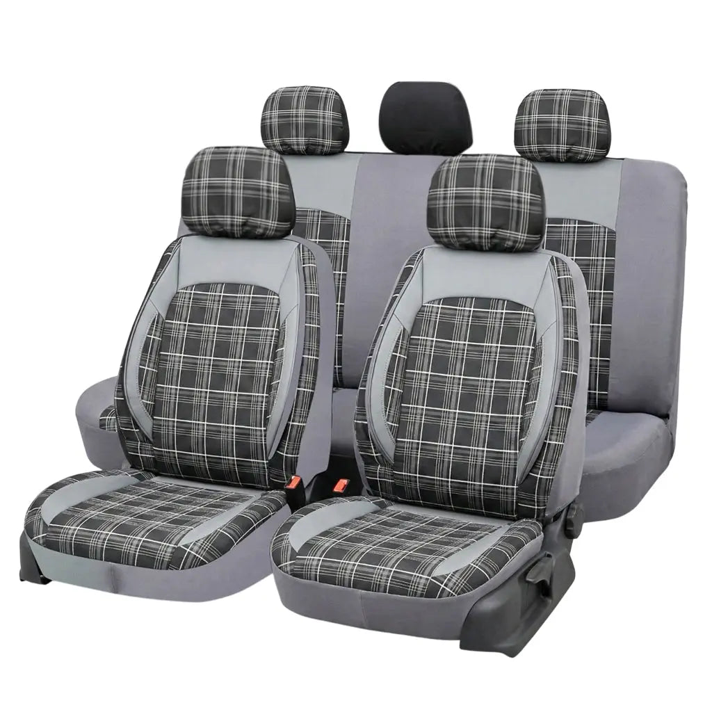 Universal GTI Tartan Style Car Seat Covers - Front & Rear Full Set (Black & Grey) Max Motorsport