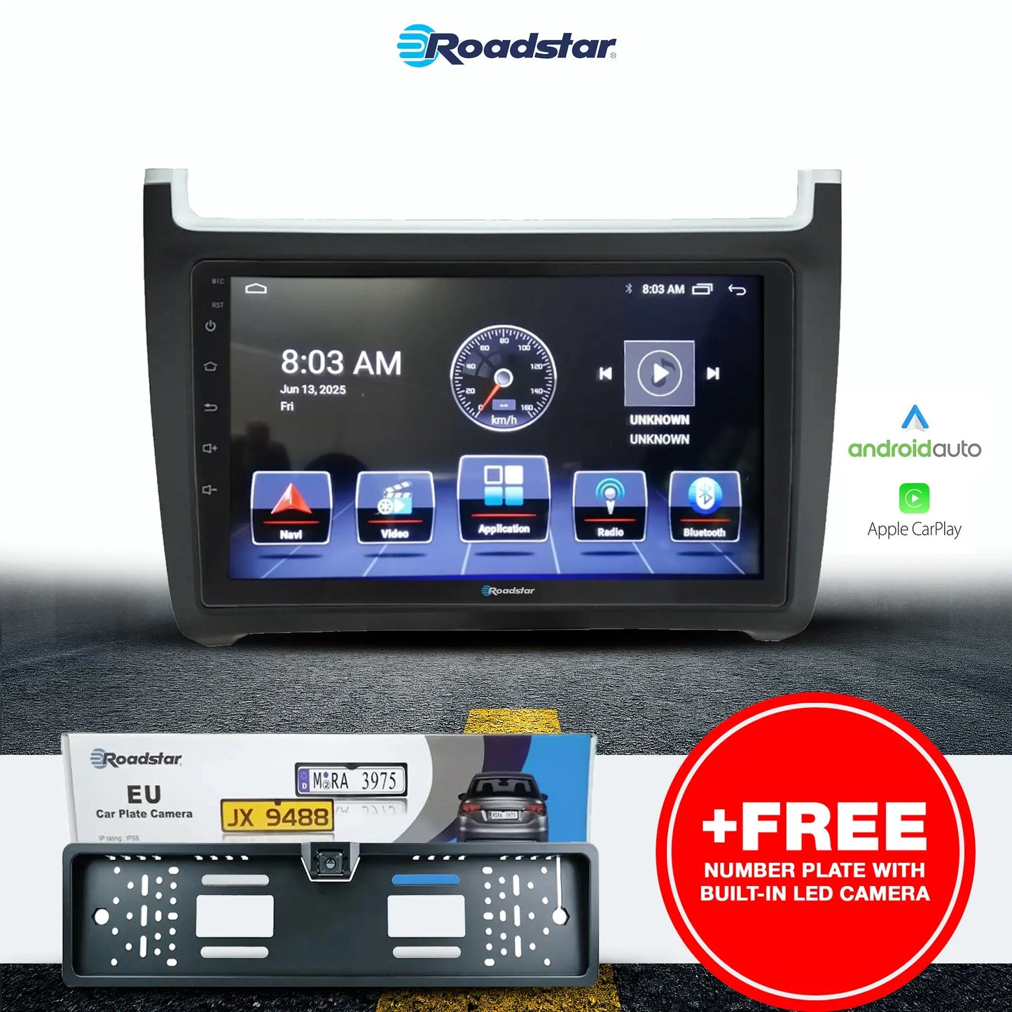 VW Polo 6 GTI / TSI (12-On) - 9 Inch Roadstar Android Multimedia Unit + FREE Number Plate Camera (Copy) Roadstar