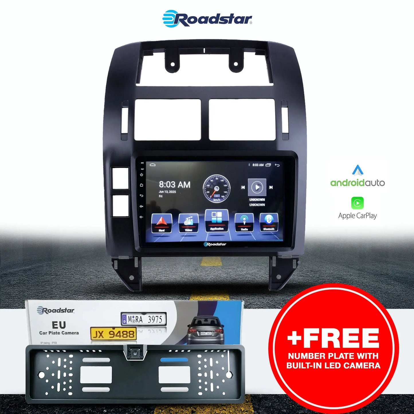 VW Polo 9N3 / Vivo (05-17) - 9 Inch Roadstar Android Multimedia Unit + FREE Number Plate Camera Roadstar