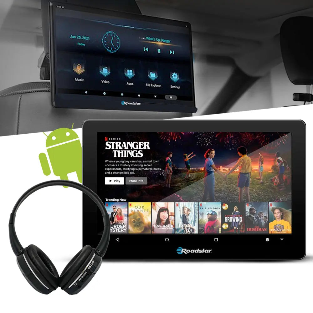 10.8" Roadstar Android Entertainment Headrest Tablet Screens With Bluetooth Headphones Roadstar