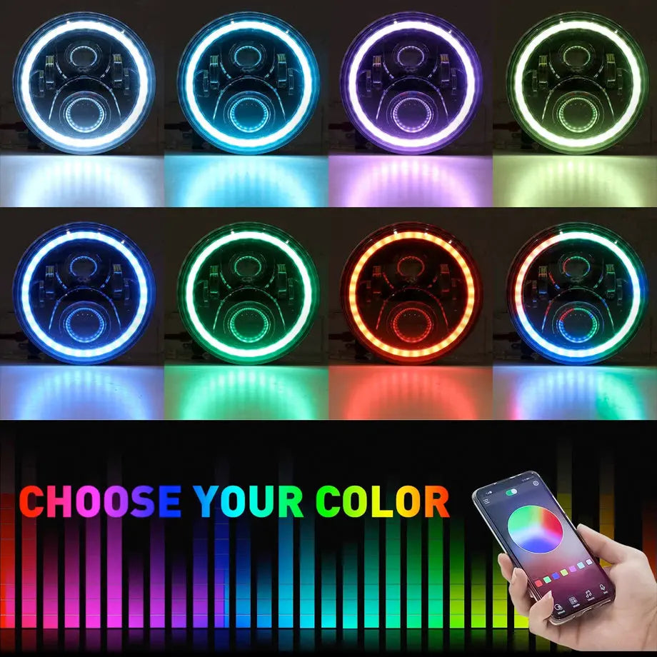 App Control - Universal 7 Inch Jeep Style RGB Angel Eye Projector Headlight Max Motorsport