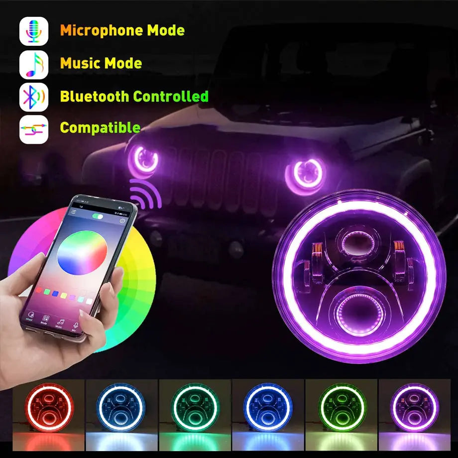 App Control - Universal 7 Inch Jeep Style RGB Angel Eye Projector Headlight Max Motorsport