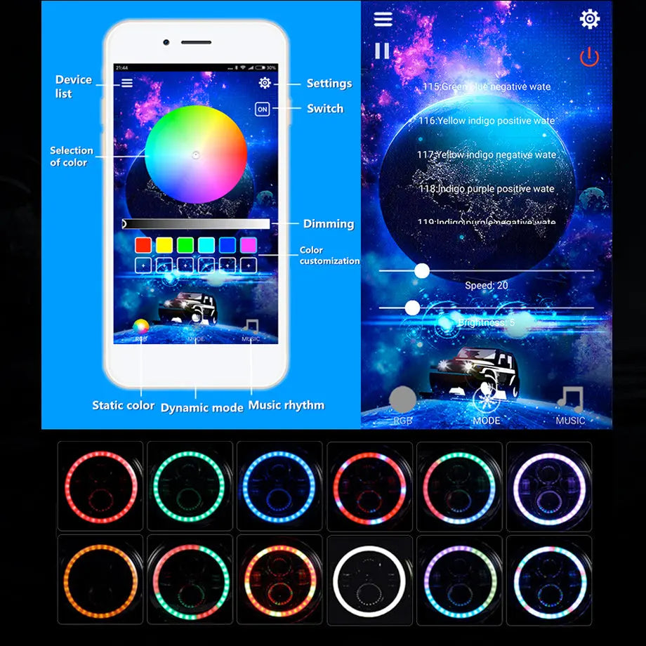 App Control - Universal 7 Inch Jeep Style RGB Angel Eye Projector Headlight Max Motorsport