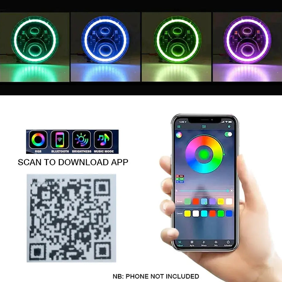 Universal 7 Inch Jeep Style RGB Angel Eye Projector Headlight - App Co ...