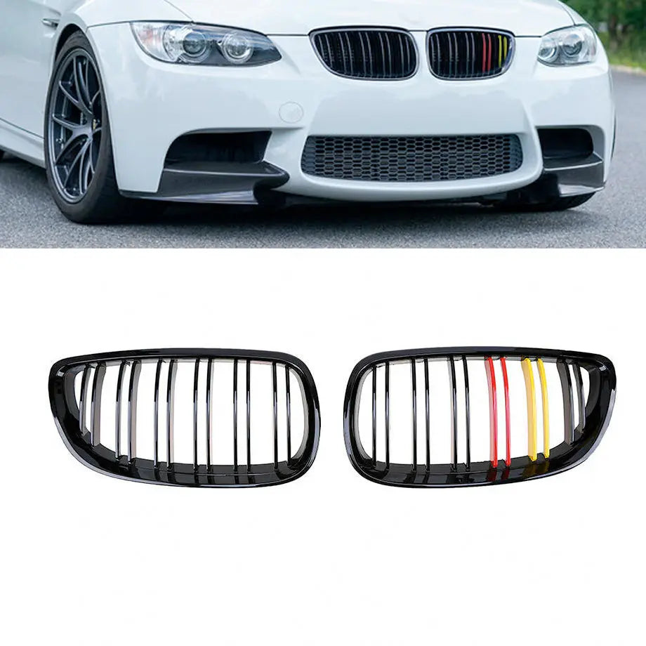 BM E92 Facelift (09-11) Piano Black Double Slat Kidney Grille With German Stripes Max Motorsport