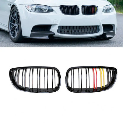 BM E92 Facelift (09-11) Piano Black Double Slat Kidney Grille With German Stripes Max Motorsport