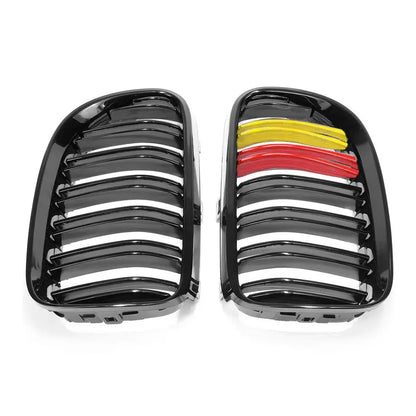 BM E92 Facelift (09-11) Piano Black Double Slat Kidney Grille With German Stripes Max Motorsport