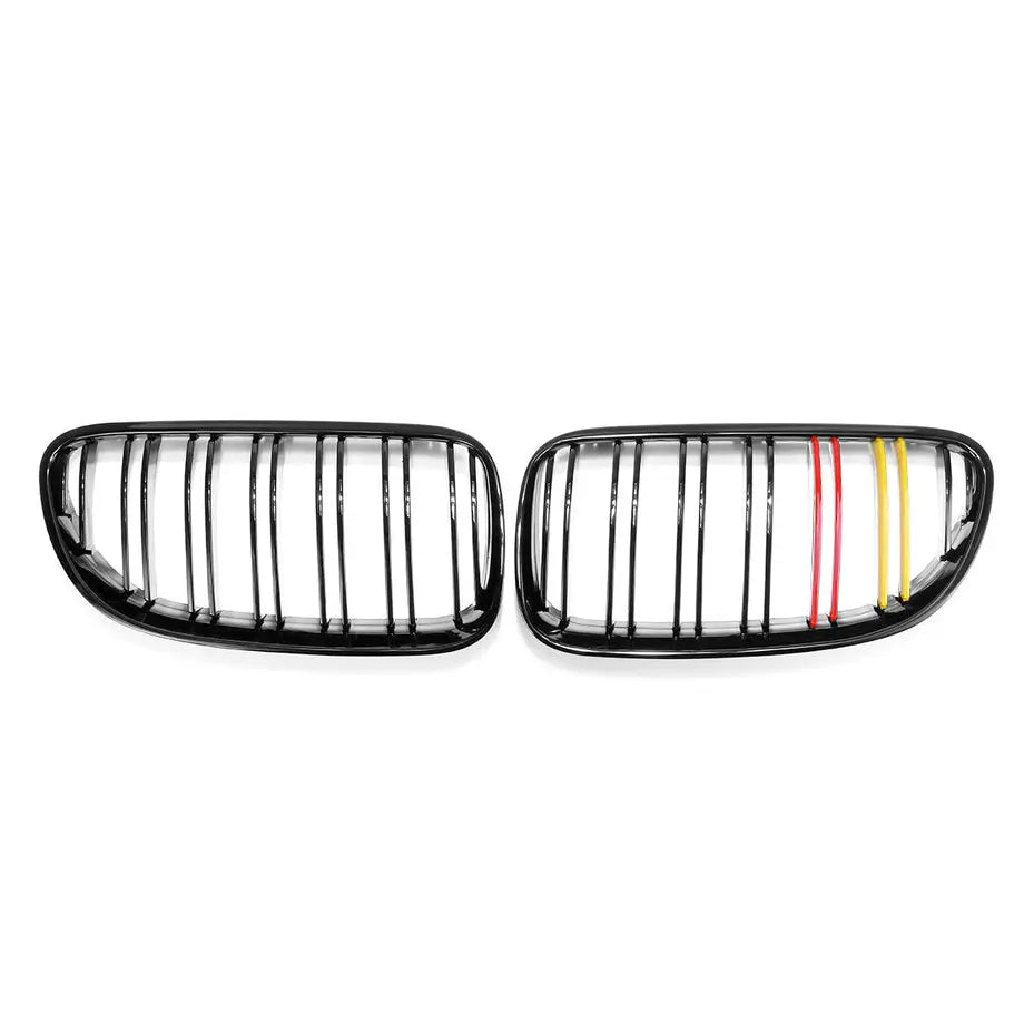 BM E92 Facelift (09-11) Piano Black Double Slat Kidney Grille With German Stripes Max Motorsport