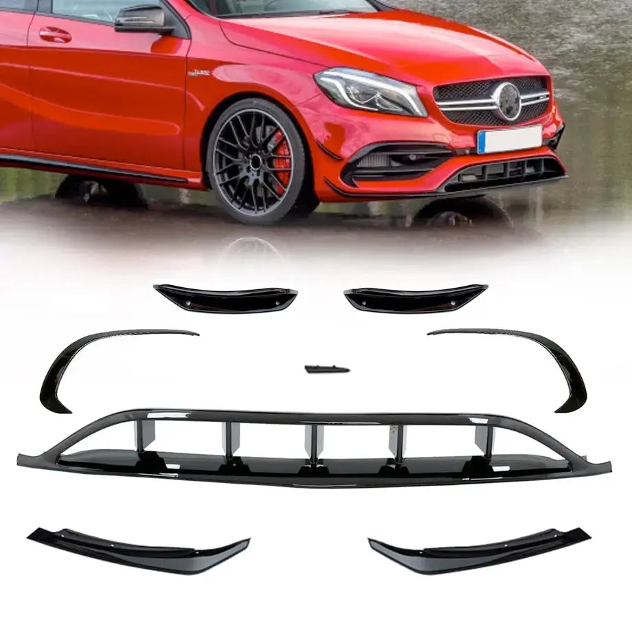 Merc W176 A-Class AMG Style Gloss Black Front Spoiler With Canards (8-Piece) Max Motorsport