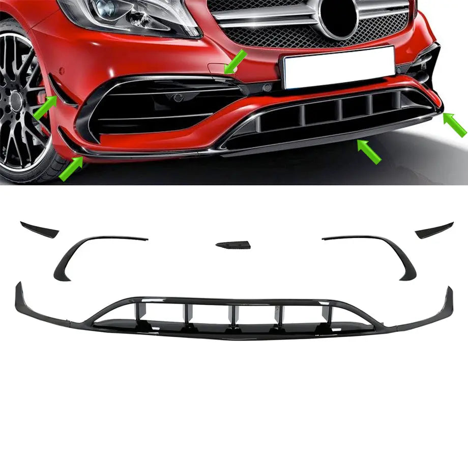 Merc W176 A-Class AMG Style Gloss Black Front Spoiler With Canards (8-Piece) Max Motorsport