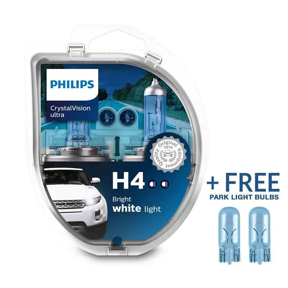 Philips H4 Crystal Vision Ultra 60/ 55W Bulb Set + FREE Park Light Max Motorsport