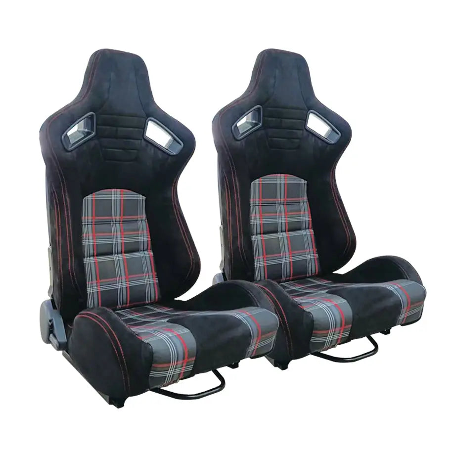 Reclinable Racing Seats - Black Suede With Tartan Cloth (Pair) Max Motorsport