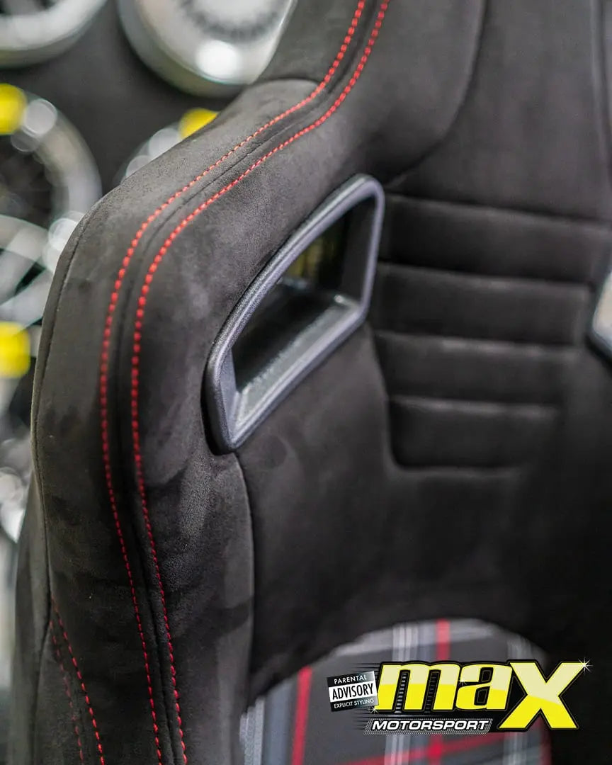 Reclinable Racing Seats - GTI Style Tartan Design Black Suede With Red Stitching (Pair) Max Motorsport
