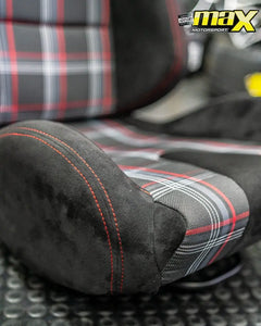 Reclinable Racing Seats - GTI Style Tartan Design Black Suede With Red Stitching (Pair) Max Motorsport