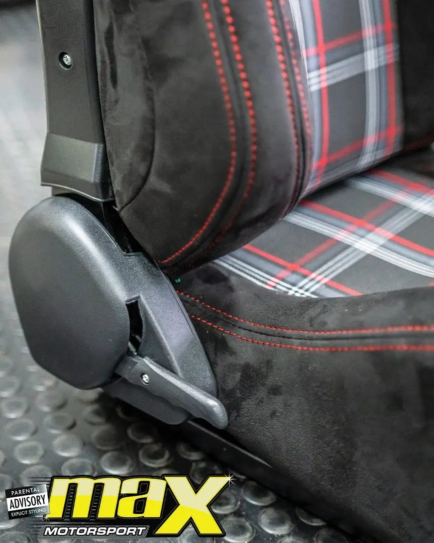 Reclinable Racing Seats - GTI Style Tartan Design Black Suede With Red Stitching (Pair) Max Motorsport