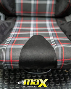 Reclinable Racing Seats - GTI Style Tartan Design Black Suede With Red Stitching (Pair) Max Motorsport
