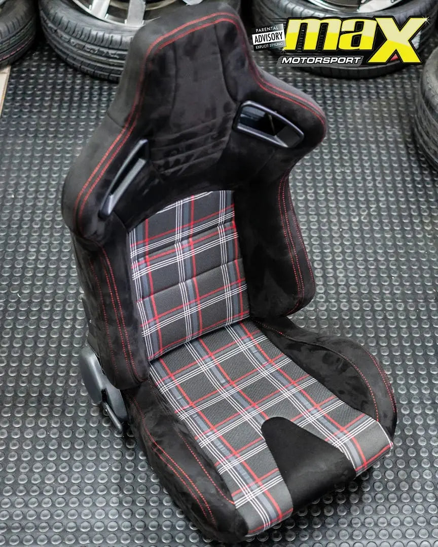 Reclinable Racing Seats - GTI Style Tartan Design Black Suede With Red Stitching (Pair) Max Motorsport