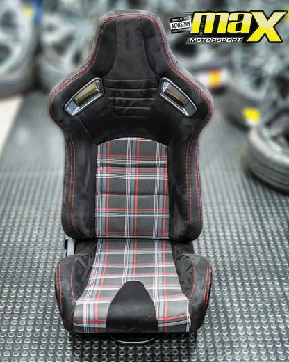 Reclinable Racing Seats - GTI Style Tartan Design Black Suede With Red Stitching (Pair) Max Motorsport