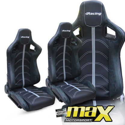 Reclinable Racing Seats - Racing Logo - PVC + Suede (Pair) maxmotorsports