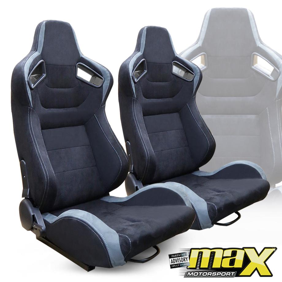 Reclinable Racing Seats Black & Grey Suede (Pair) Max Motorsport