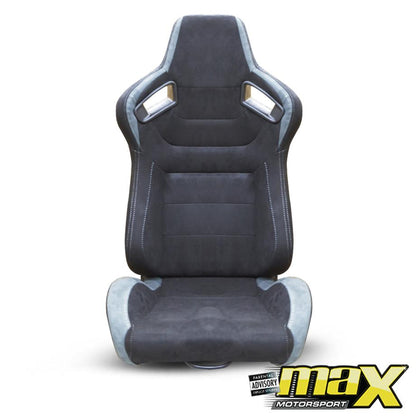 Reclinable Racing Seats Black & Grey Suede (Pair) Max Motorsport