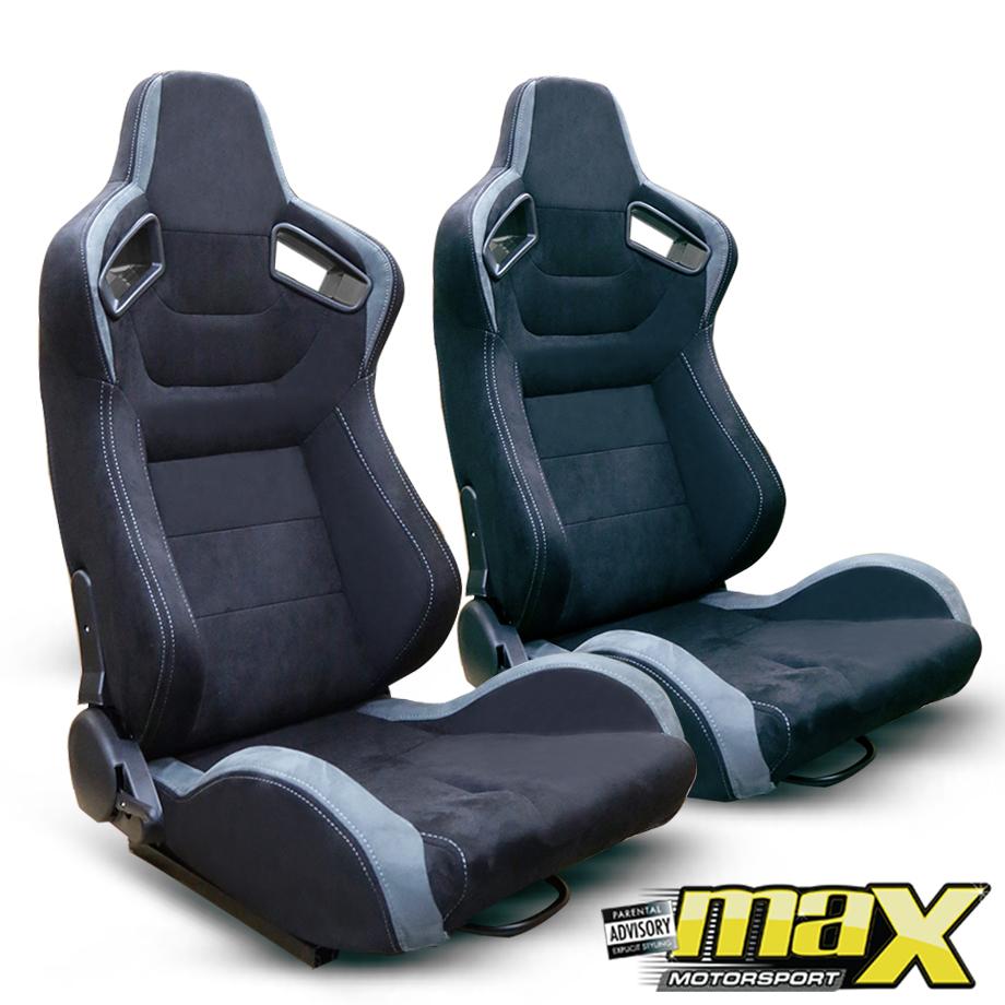 Reclinable Racing Seats Black & Grey Suede (Pair) Max Motorsport