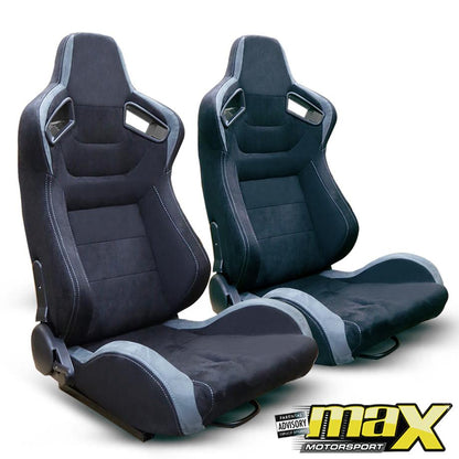 Reclinable Racing Seats Black & Grey Suede (Pair) Max Motorsport