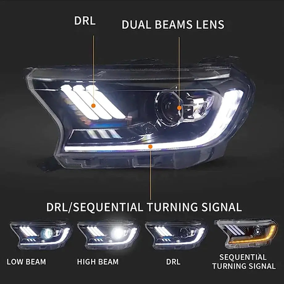 Suitable To Fit - Ranger T7 / T8 Mustang Style DRL LED Projector Headlight (16-22) maxmotorsports