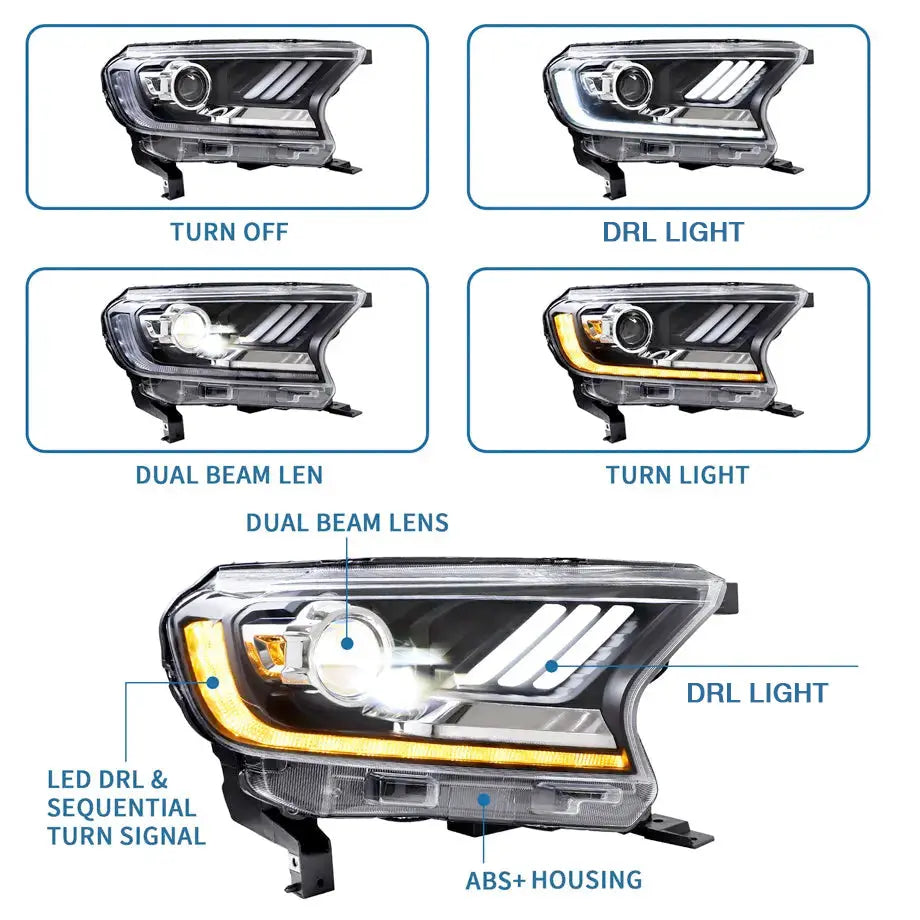 Suitable To Fit - Ranger T7 / T8 Mustang Style DRL LED Projector Headlight (16-On) maxmotorsports