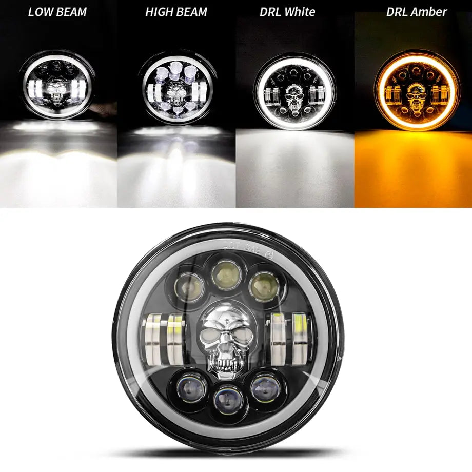 Universal 7 Inch - Jeep Style LED Angel Eye Projector Skull Headlight Max Motorsport