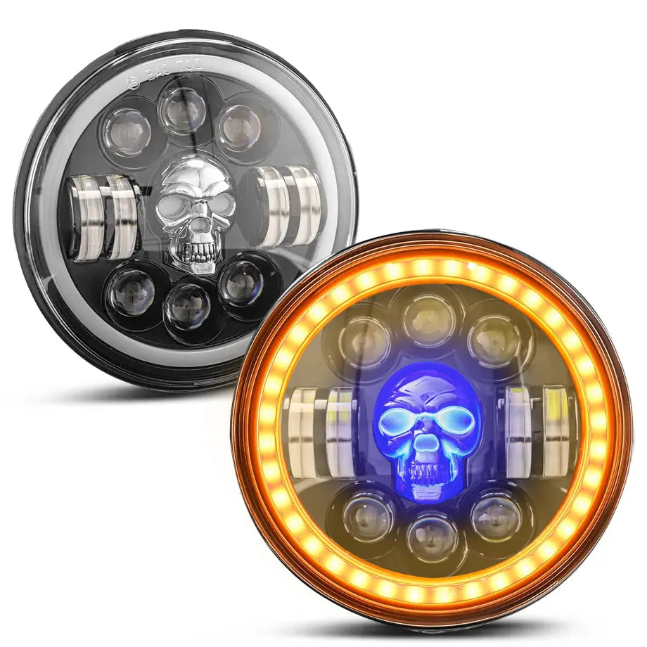 Universal 7 Inch - Jeep Style LED Angel Eye Projector Skull Headlight Max Motorsport